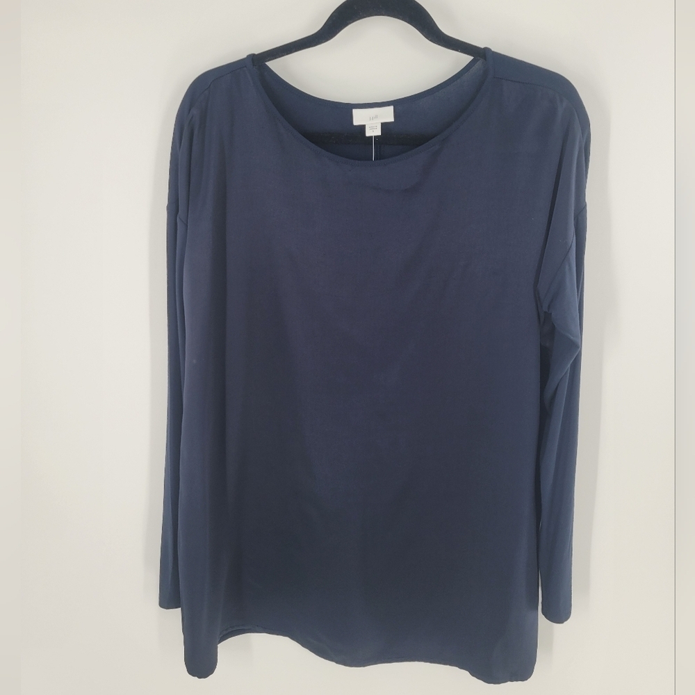 J. JILL Navy Blue Satin Style Front Jersey Back Long Sleeve Top Size S Oversized